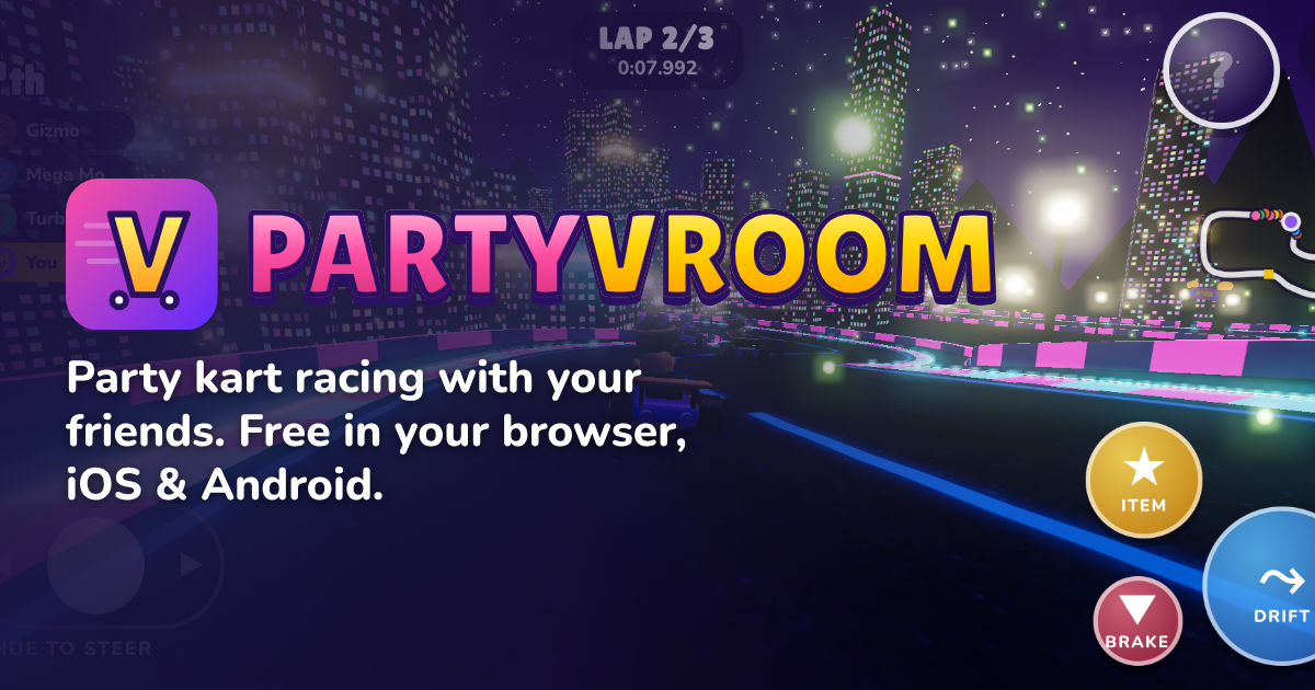 PartyVroom gameplay: karts racing through a neon city at night
